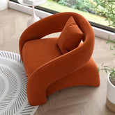 Modern curved hollow back sofa with orange, blue, yellow, and white boucle and velvet upholstery